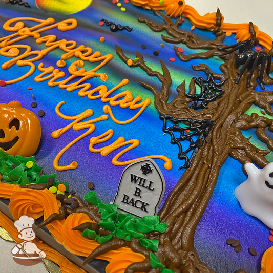 Sheet cake with buttercream haunted tree and spiders with full moon and neon night and pumpkin and ghost toy decorations.