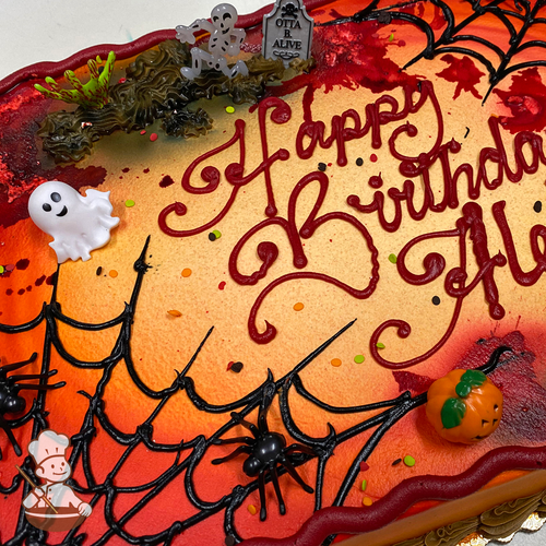 Birthday sheet cake with spider webs, cemetery and blood with toys including: ghost, skeleton, spider, pumpkin and hands.