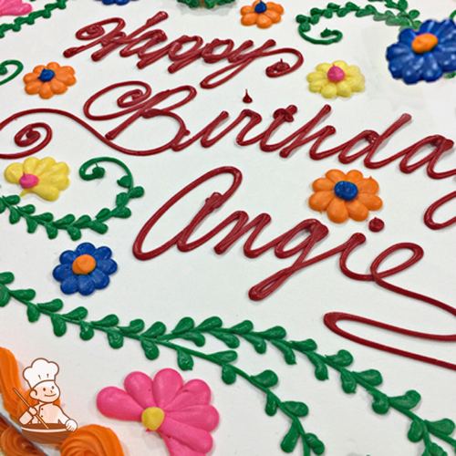 Birthday sheet cake with Mexican floral, daisies and embroidery pattern.