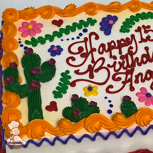 Birthday sheet cake with Mexican floral, daisies, embroidery pattern, cactus, and hearts.