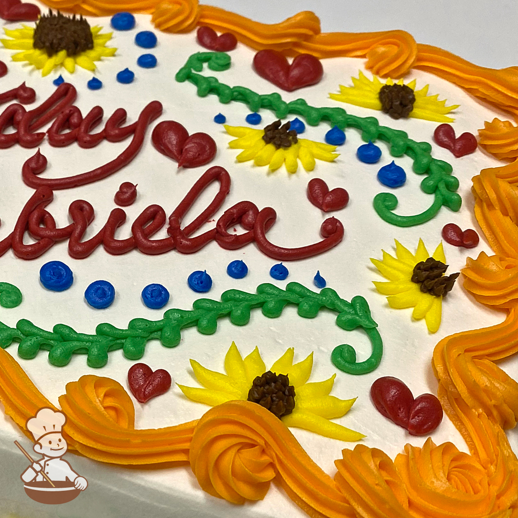 Birthday sheet cake with Mexican floral, sunflowers, embroidery pattern, and hearts.