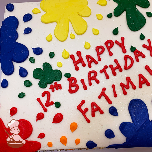 Birthday sheet cake with colorful paint splatters.