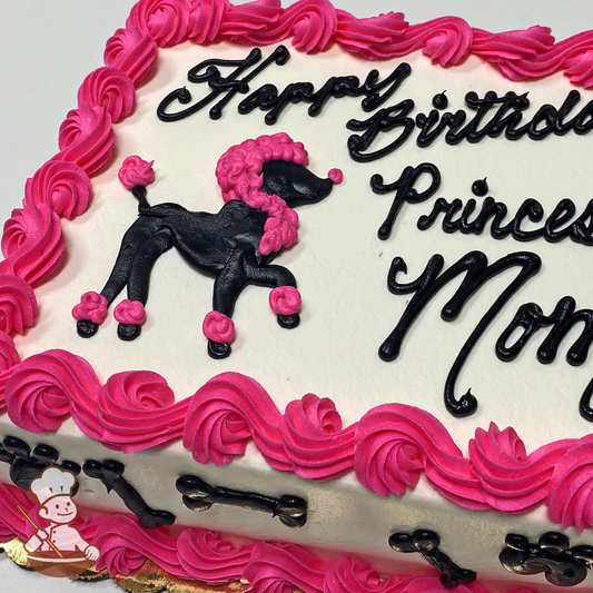 Birthday sheet cake with buttercream piped poodle dog with dog bone and animal paws on the side of the cake wall.