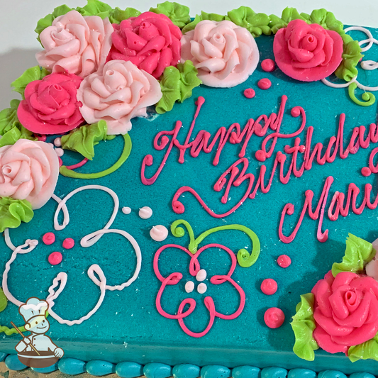 Birthday sheet cake with buttercream roses and dainty flowers piped on with outline patterns.