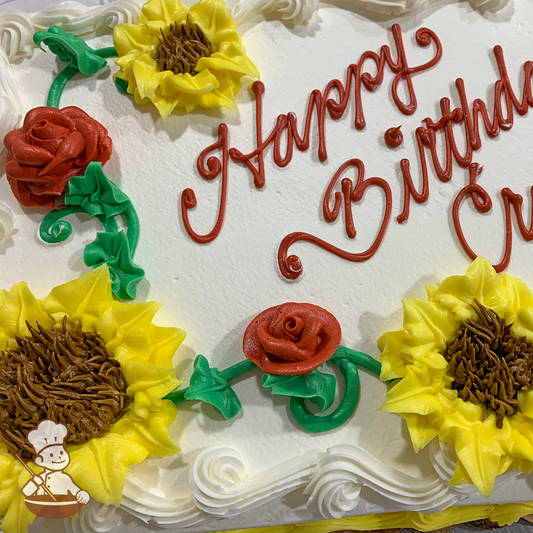 Birthday sheet cake with buttercream sunflowers and roses on vine.