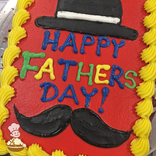 Father's Day sheet cake with buttercream piped top hat and moustache.