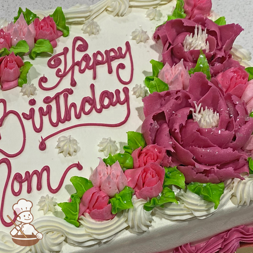 Birthday sheet cake with buttercream peonies and freesia buds and stars.