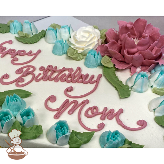 Birthday sheet cake with buttercream peonies and roses with freesia buds.