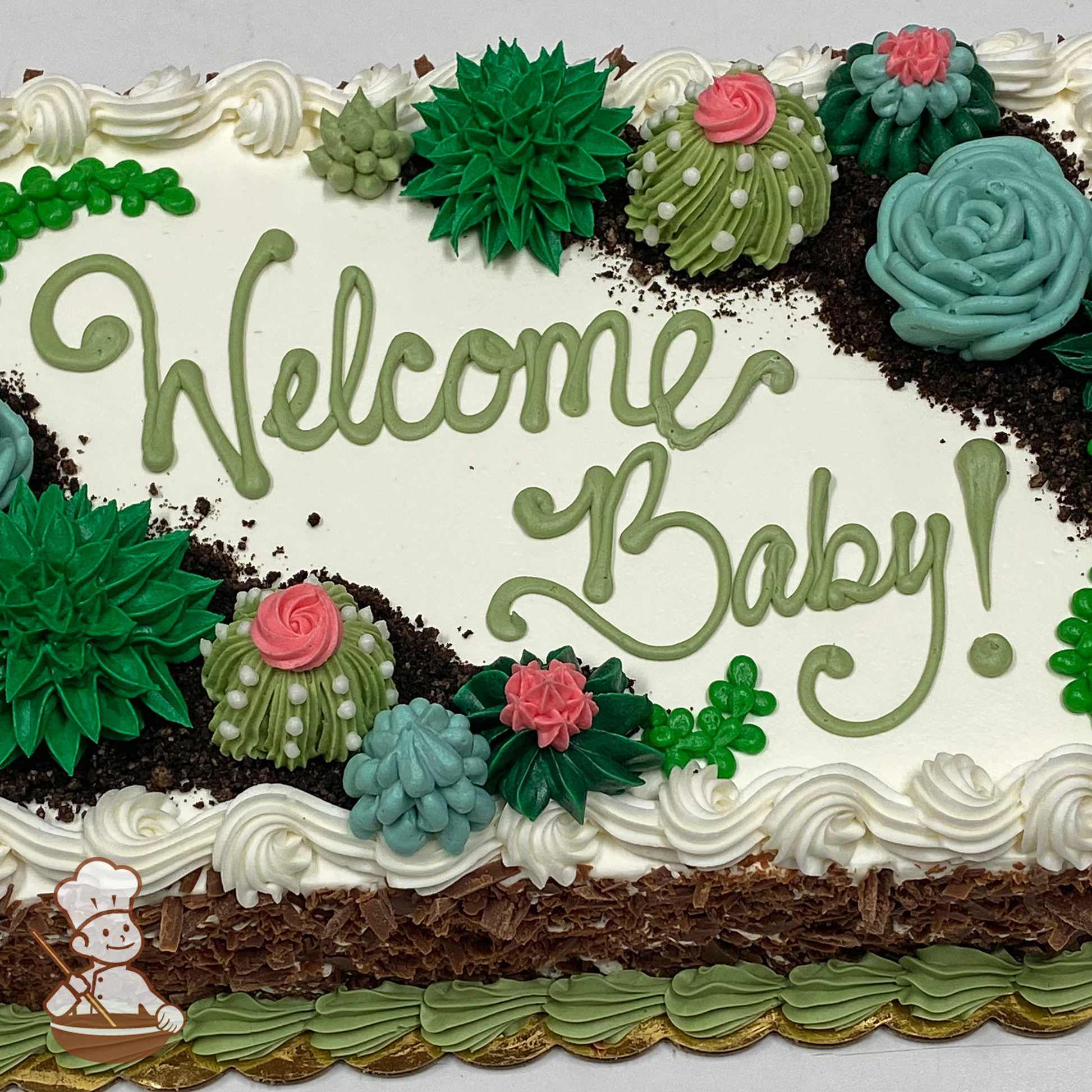 Baby shower sheet cake with buttercream succuclent plants and cacti and edible dirt crumbs.