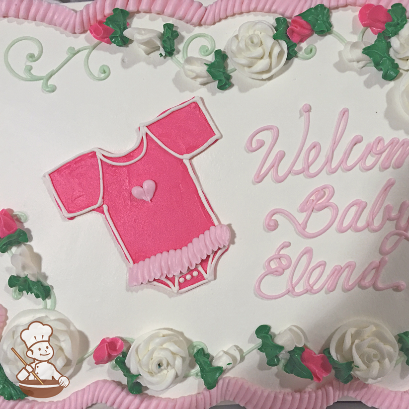 Baby shower sheet cake with buttercream piped baby onesie with tutu skirt.