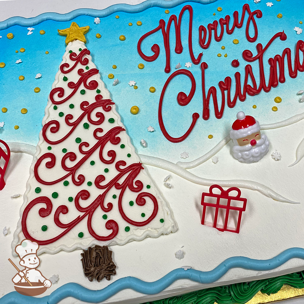 Sheet cake with Christmas tree decorated with scrolls and gold star on a snow hill with toy Santa, gift box and sprinkles.