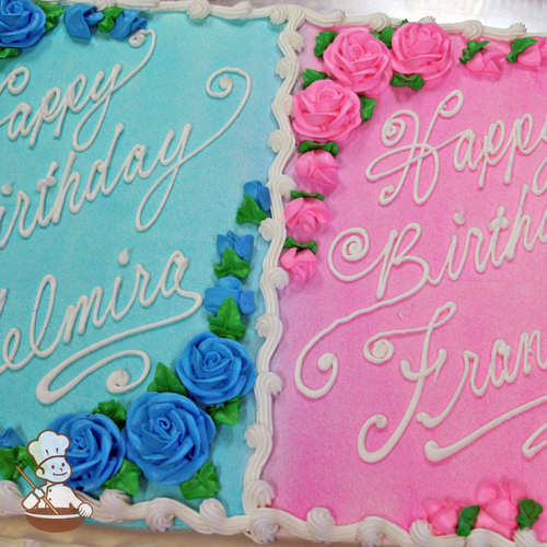 Birthday sheet cake with two views of blue and pink with roses decoration.