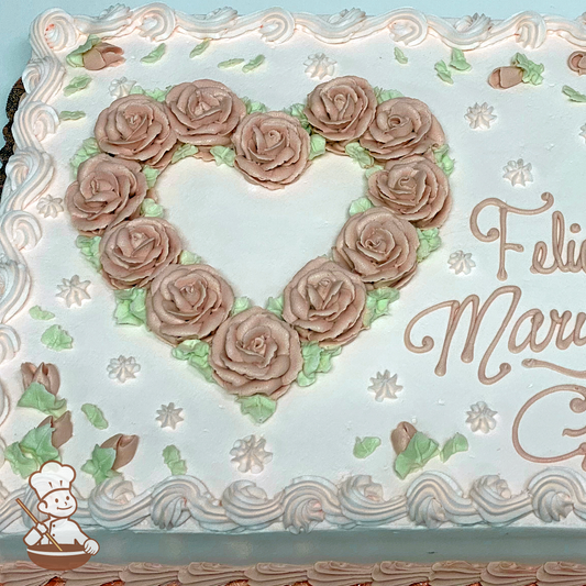 Birthday sheet cake with buttercream roses in a shape of a heart with star tips and baby rose buds.