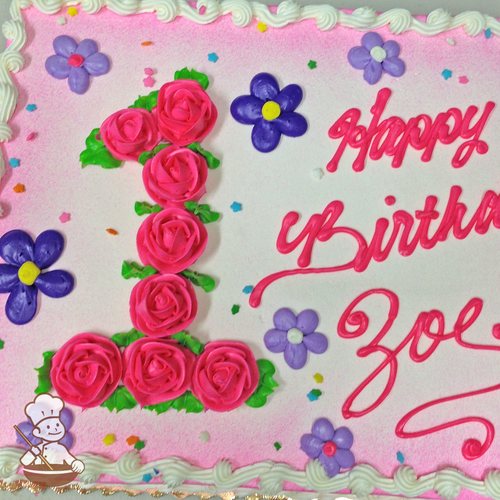 Birthday sheet cake with buttercream roses in a shape of the number 1 with daisies and sprinkles.