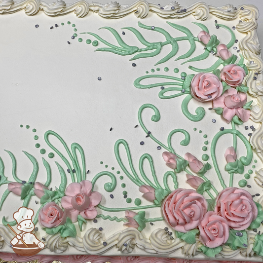 Celebration sheet cake with buttercream roses and baby rose buds on flowy vines and foliage, cascading dots and sprinkles.