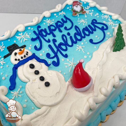 Christmas sheet cake with buttercream snowman wearing top hat and winter scarf with snowflakes and toy gnome, tree and hat.