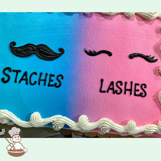 Baby shower sheet cake sprayed pink with eye lashes piped and other side sprayed blue with piped moustache.