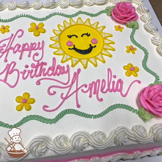 Birthday sheet cake with buttercream roses and daisies with happy smiley sun.