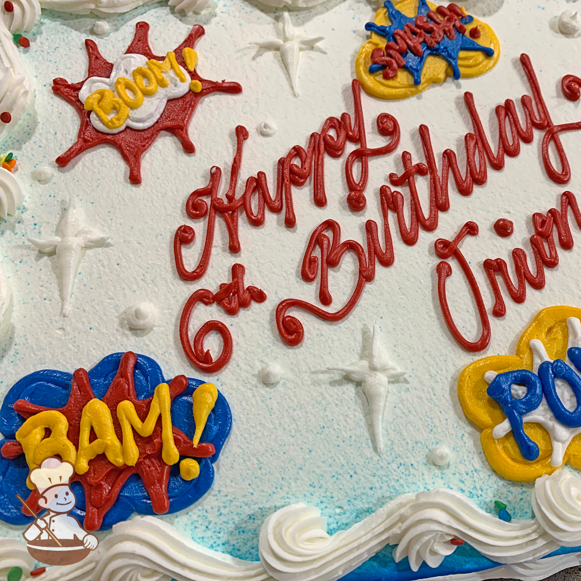 Birthday sheet cake with action message and speech bubbles saying: Boom!, Bam!, Smash!, and Pow!