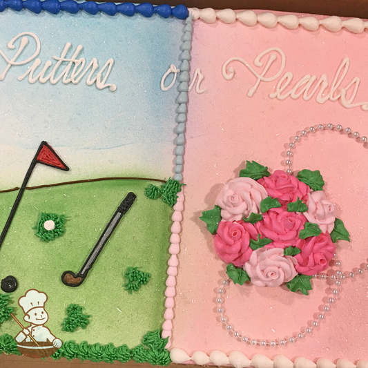 Baby shower sheet cake of two views with golf course, golf ball and putter on one side and roses and pearls on other side.