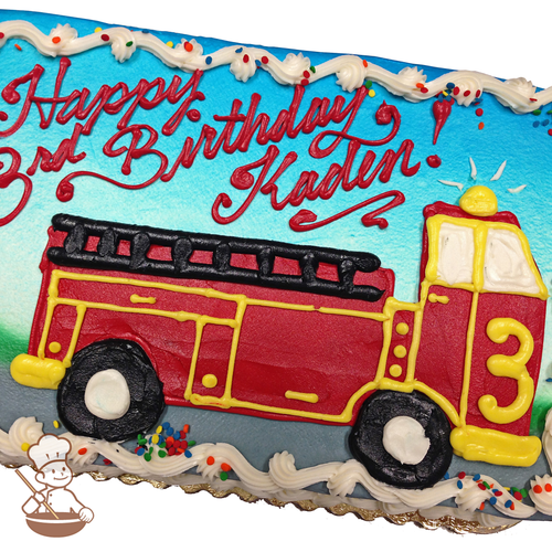 Birthday sheet cake with buttercream piped fire truck.