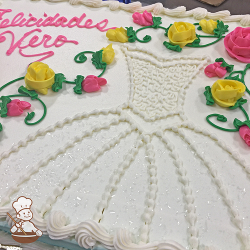 Quinceanera sheet cake with buttercream roses and piped formal gown dress.