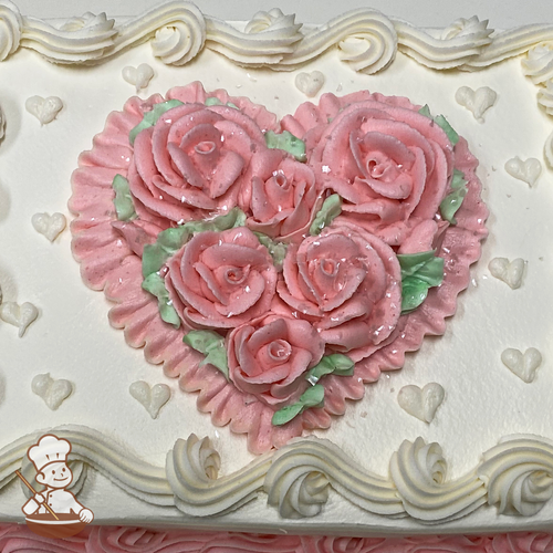 Celebration sheet cake with buttercream roses in shapr of a heart with lace triming and mini hearts.