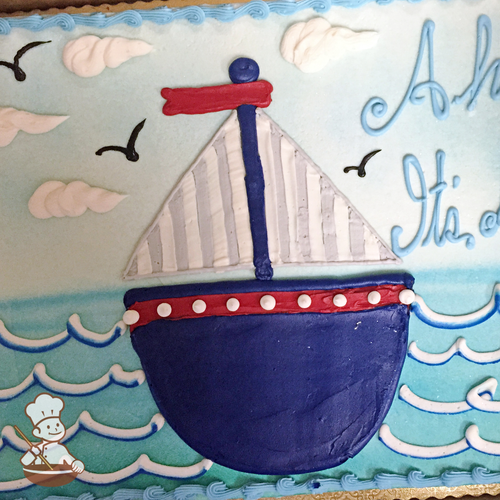 Baby shower sheet cake with buttercream sailboat out on sea with waves and sea gulls flying above.