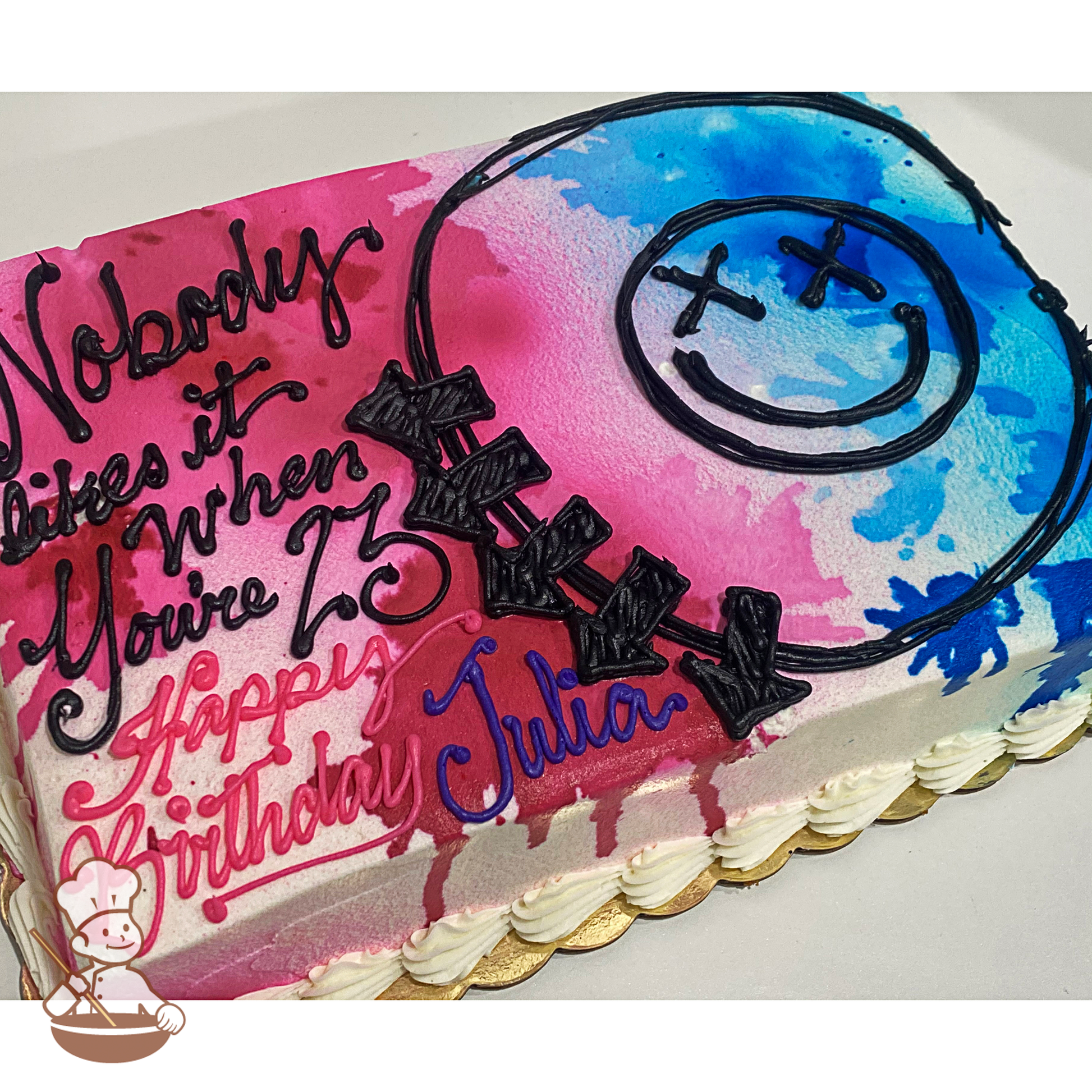 Birthday sheet cake with Blink 182 rock band logo design and paint splatter.
