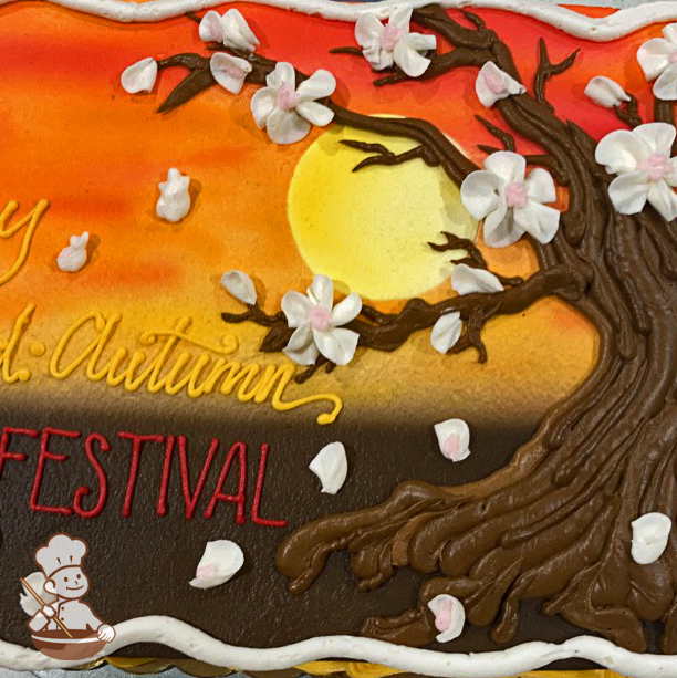Celebration sheet cake with buttercream cherry blossom tree with sprayed full moon and harvest night.