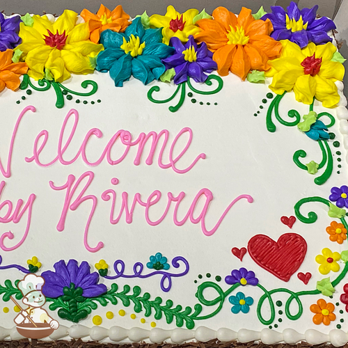 Baby shower cake with colorful Mexican fiesta floral patterns.