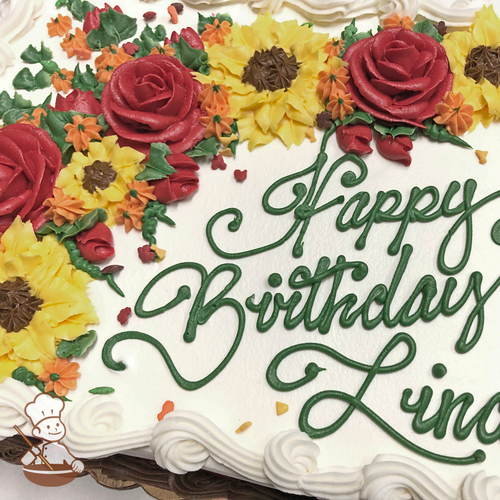 Birthday sheet cake with buttercream roses, sunflowers, and leave clusters and sprinkles.