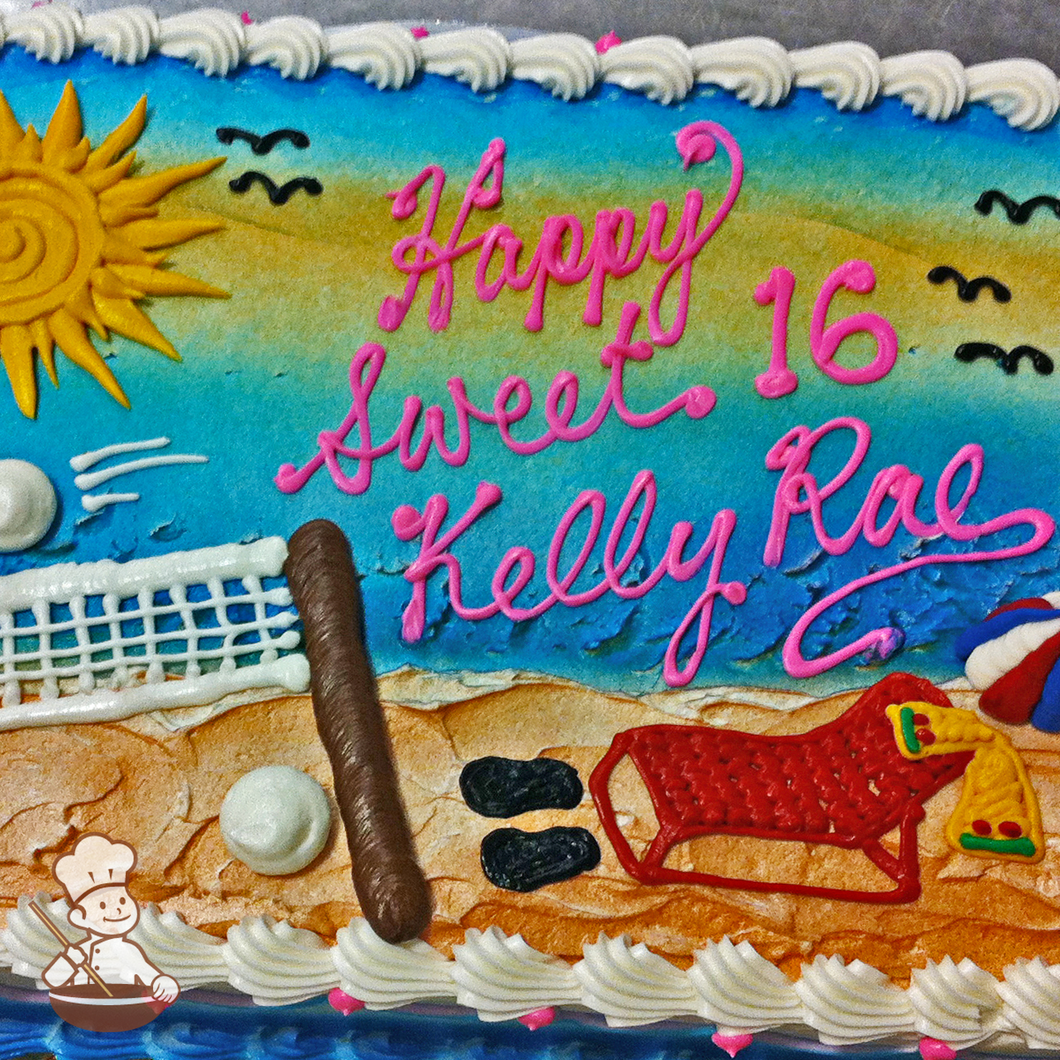 Birthday sheet cake with beach volleyball, lounge chair, beach balls, sandals and sun with seagulls flying above beach.