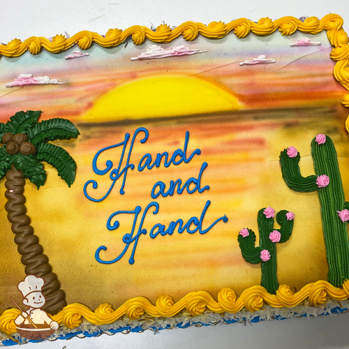 Celebration sheet cake with buttercream palm tree and cacti and sprayed sunset against horizon.