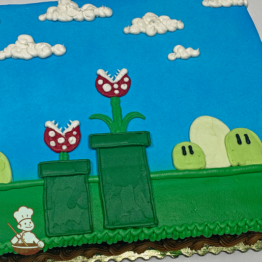 Celebration sheet cake with buttercream piped piranha plants and tunnel from Mario Bros video game scene.