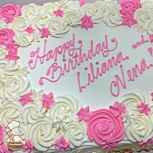 Birthday sheet cake with two color rosette swirls and star tips buttercream icing.