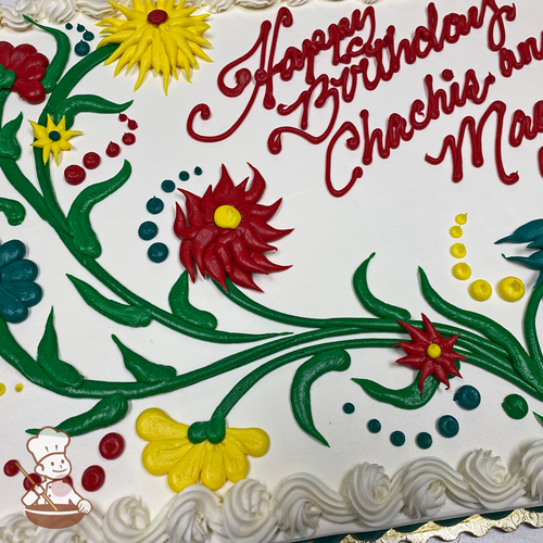 Birthday sheet cake with buttercream flat chrysanthemum and long petal flowers flowing on long vines with cascading dots.