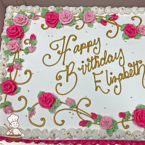 Birthday sheet cake with buttercream roses with writing in gold piping.
