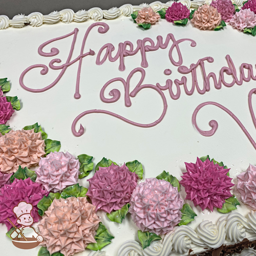 Birthday sheet cake with buttercream aster flowers.