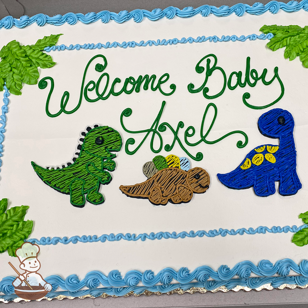 Baby shower sheet cake with buttercream piped jungle leaves and dinosaurs.