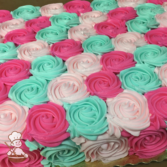 Celebration sheet cake with rosette swirls buttercream icing wrapped fully around the cake.
