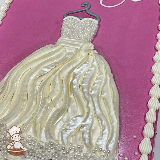Bridal shower sheet cake with buttercream piped formal gown dress with iridescence and pearls on a hangar.