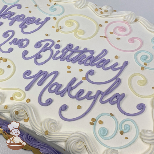Birthday sheet cake with colorful swirls and gold sprinkles.