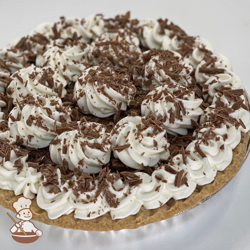 Belgian Chocolate Cream Pie with whipped cream and chocolate shavings.