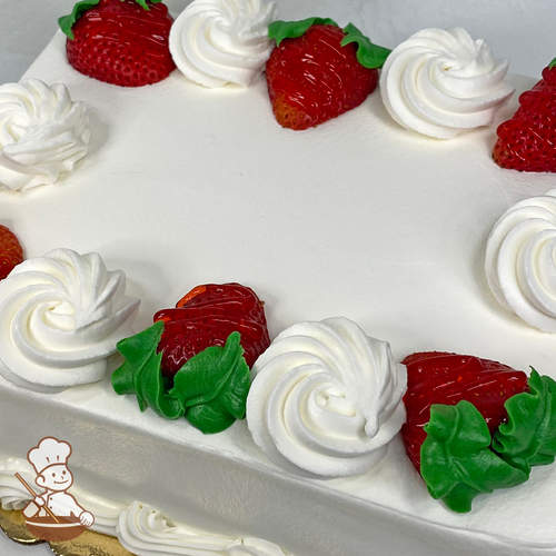 Sheet cake with fresh strawberries and whipped cream.