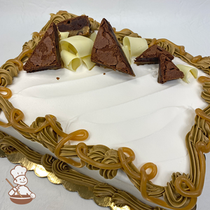 Sheet cake with  chocolate brownies and white chocolate curls and caramel drizzle.