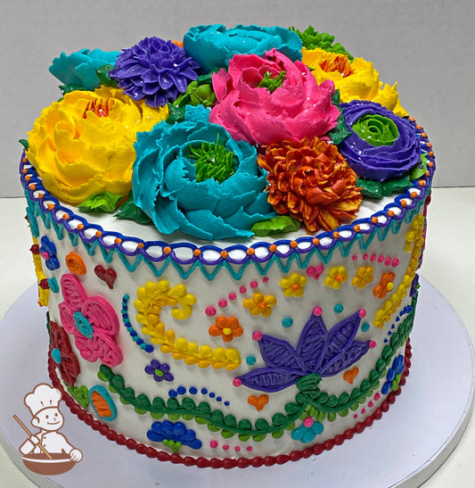 Single tier cake with white icing and decorated with buttercream embroidery piping's and lots of colorful buttercream flowers on top of the cake.