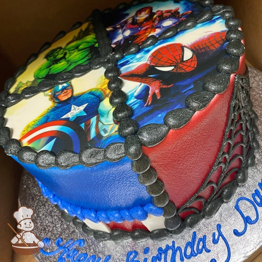 Cake with a printed image of Hulk, Iron Man, Captain America and Spider-Man on top of the cake and decorated with colors to match the theme.