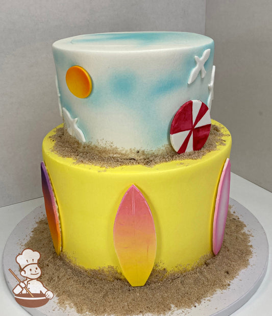2-tier cake with yellow icing and fondant surfboards on the bottom tier and the top tier is decorated to look like the sky with fondant birds.