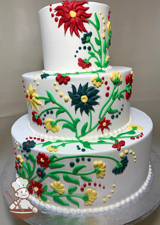3-tier round cake with smooth white icing and colorful buttercream flowers in red, turquoise and yellow on the cake walls.